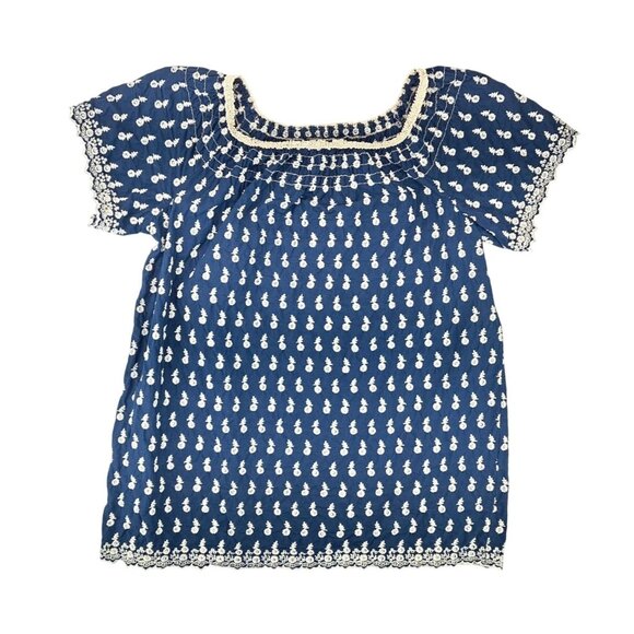 Max Edition Tops - Max Edition Blue White Floral Embroidered Eyelet Short Sleeve Blouse Women Large